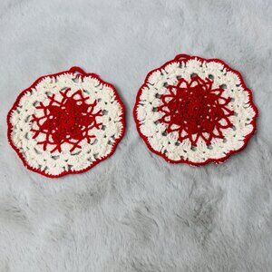 Vintage Crochet Doilies Coaster Holiday Festive Cotton Handmade Red 5Inch